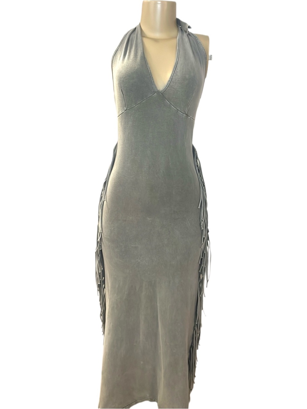 Fashion Nova Gray Acid Wash Fringe Halter Dress